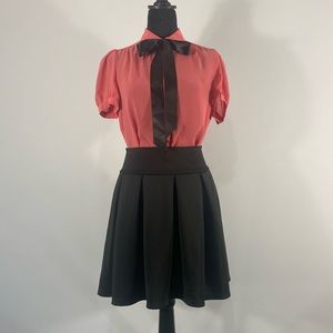 Coral, short sleeve, gold button up shirt,Sheer,bow tie,size Medium